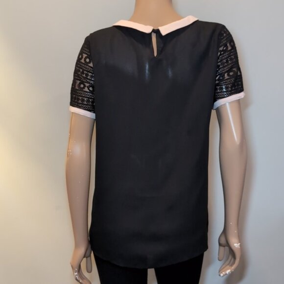3/$20 TWIK Peter Pan Collar Short Sleeve Blouse Sheer Crochet Black Size XL Top - Picture 5 of 9